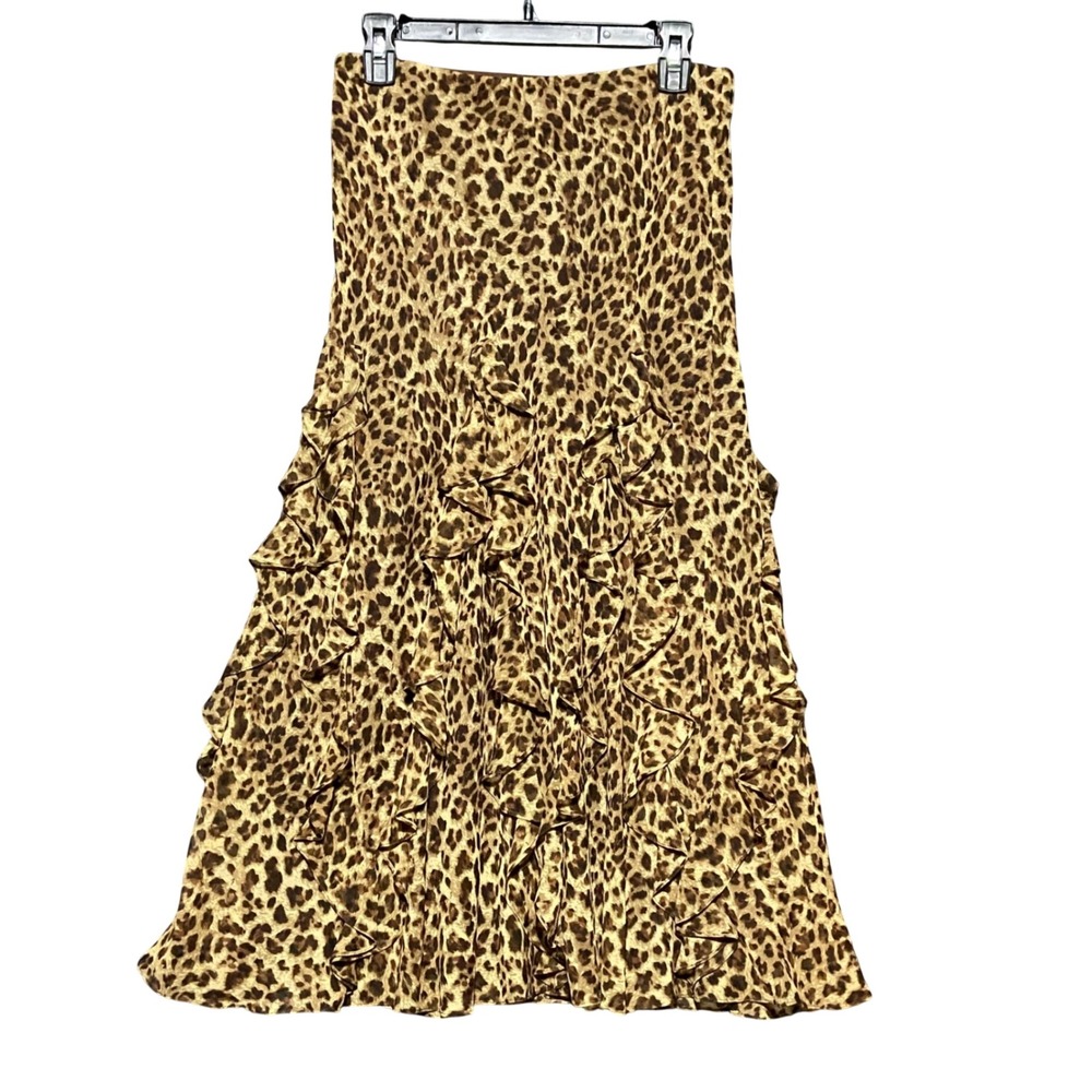 Lauren Ralph Lauren Petite P/S Silk Leopard Print Ruffle Midi Skirt Y2K Tiered